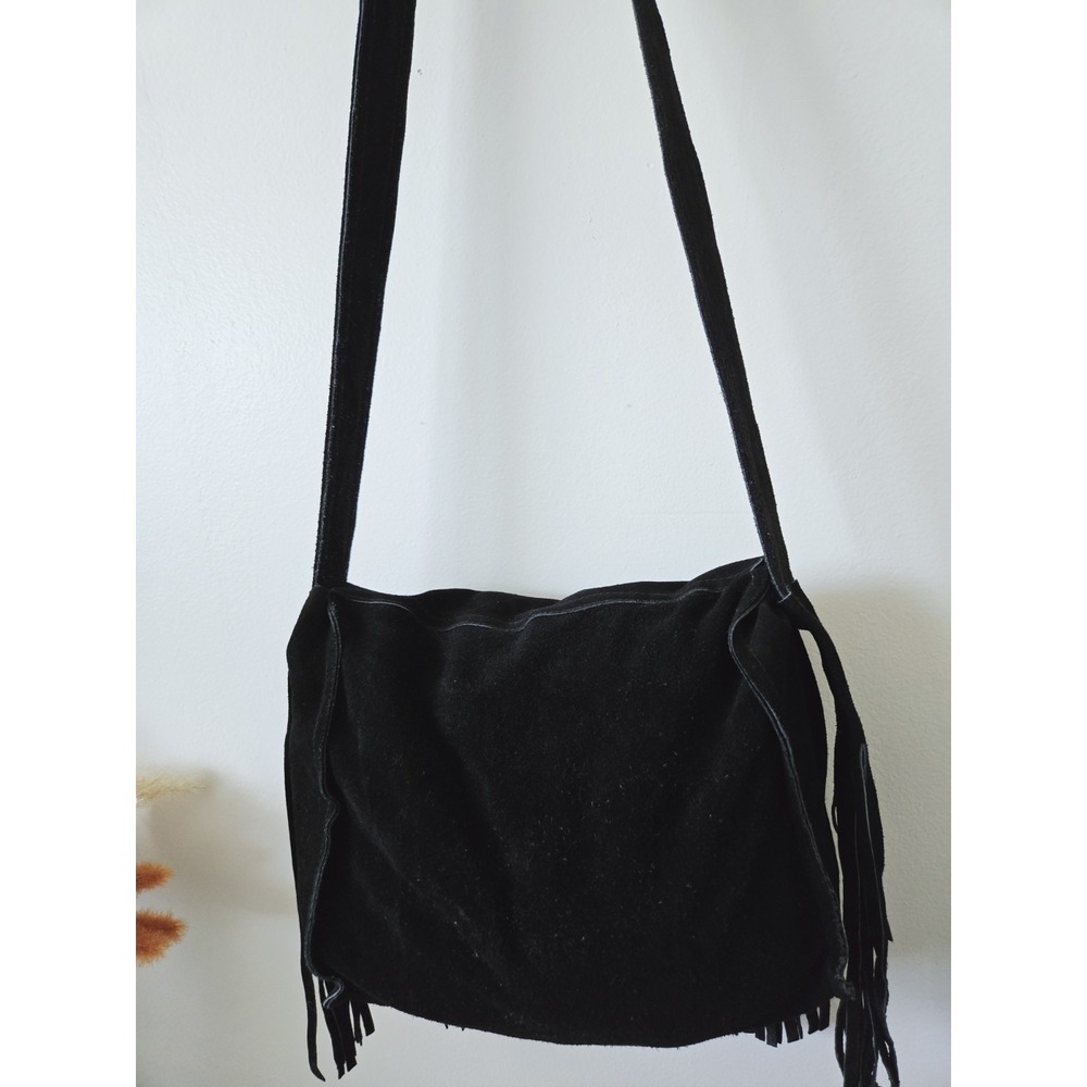 Dream Apparel Black Suede Leather Biker Bag Peace Sign Boho Crossbody Fringe - Picture 8 of 9